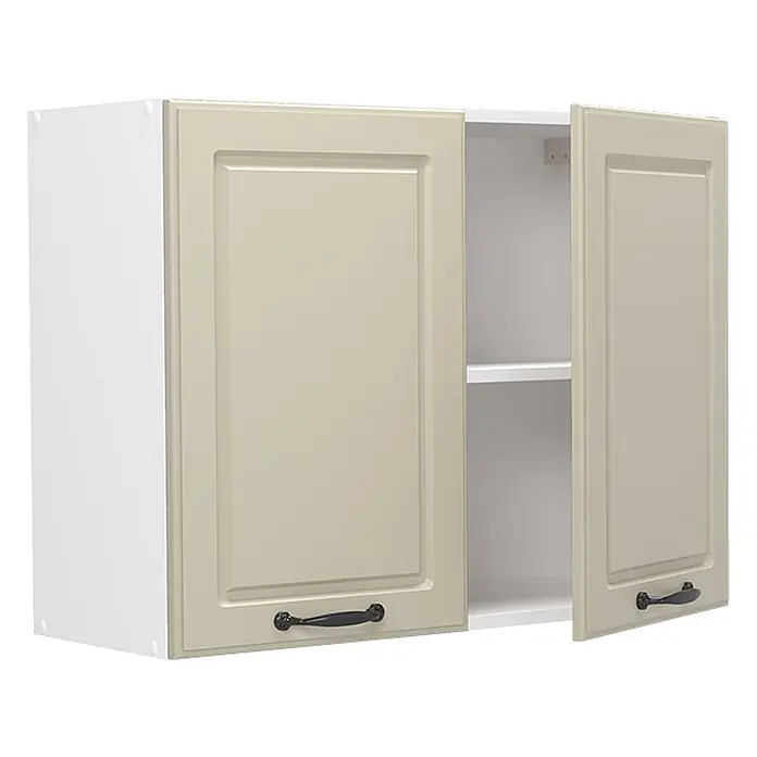 Glashängeschrank R-Line 80 cm Sand Landhaus Art.-Nr. 72296 -  - Zweitüriger Oberschrank mit hellbeigen Rahmentüren und schwarzen Griffen. Eine Tür ist offen und zeigt ein weißes Regal.
