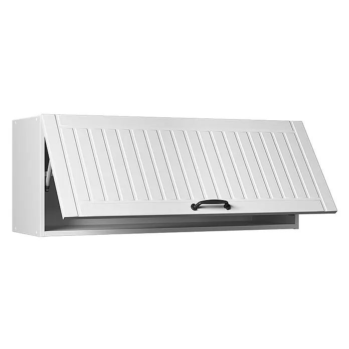Hängeschrank Fame-Line 100 cm Weiß Landhaus Art.-Nr. 61567 -  - Weißer Wandschrank mit einer teilweise geöffneten Klapptür im Lamellen-Design, die ein Innenregal und einen schwarzen Griff zeigt.