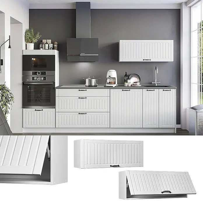 Hängeschrank Fame-Line 100 cm Weiß Landhaus Art.-Nr. 61567 -  - Weiße Küchenschränke mit gerippten Fronten und schwarzen Griffen, inklusive Wandschrank mit Klappe.