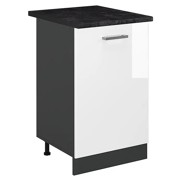 Küchenunterschrank R-Line 50 cm Weiß Hochglanz Art.-Nr. 70292 -  - Zweifarbiger Küchenunterschrank mit dunkelgrauen Seiten, schwarzer Arbeitsplatte und hochglanzweißer Tür mit Griff.