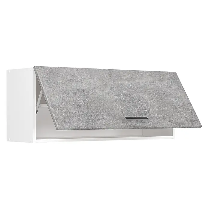 Hängeschrank R-Line 100 cm Beton Art.-Nr. 63148 -  - Weißer Küchenhängeschrank mit offener, grauer Tür in Betonoptik und silbernem Griff.