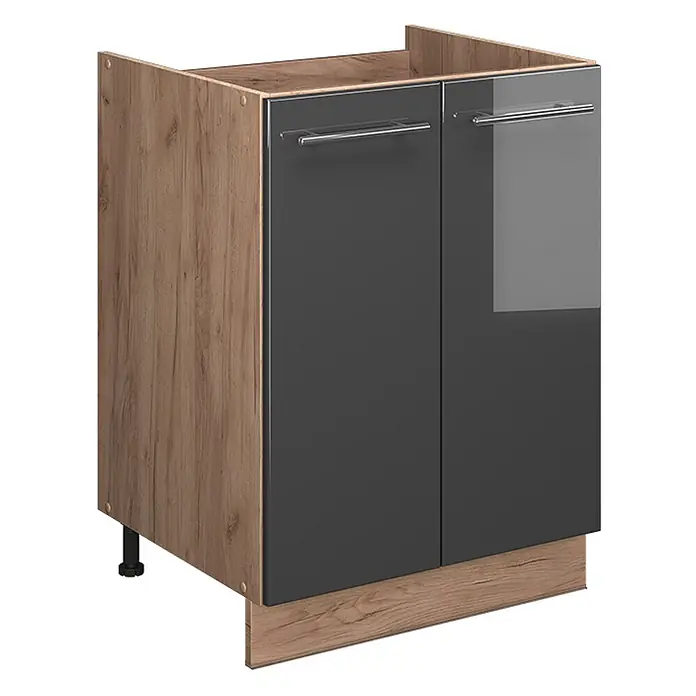Spülenunterschrank Fame-Line 60 cm Anthrazit Hochglanz Art.-Nr. 65217 -  - Zweitüriger Küchenunterschrank mit dunkelgrauen Türen, silbernen Griffen und heller Holzoptik-Rahmen. Mit verstellbaren Füßen und Sockelblende.