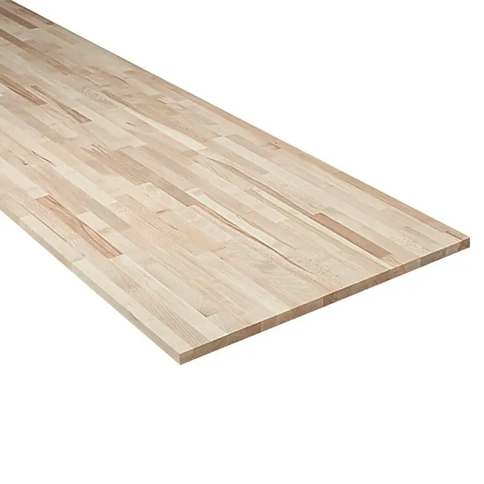 Exclusivholz Arbeitsplatte - Buche, 400 x 80 x 2,7 cm - Nahaufnahme einer hellen Holzplatte aus einzelnen Holzstücken, ideal für Möbelbau und Innenausbau. Die Platte zeigt eine schöne Maserung.