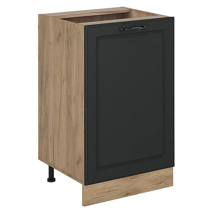 Küchenunterschrank R-Line 50 cm Anthrazit Landhaus Art.-Nr. 70354 -  - Zweifarbiger Küchenunterschrank: Korpus und Sockelplatte in heller Holzoptik, Tür in Dunkelgrau mit Ziergriff.