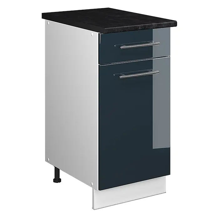 Küchenunterschrank Fame-Line 40 cm Dunkelblau Hochglanz Art.-Nr. 60925 -  - Dunkelblauer Hochglanz-Küchenunterschrank mit zwei Schubladen, Chromgriffen und dunkler Arbeitsplatte.