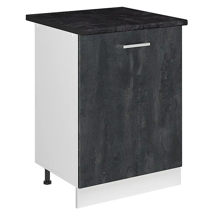 Küchenunterschrank R-Line 60 cm Schwarz Beton Art.-Nr. 72127 -  - Dunkelgrauer texturierter Küchenunterschrank mit passender Arbeitsplatte, weißen Seiten und silbernem Griff.