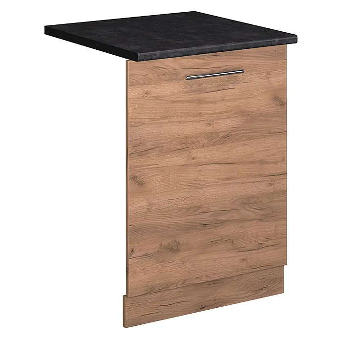 Geschirrspülblende Fame-Line 60 cm Goldkraft Eiche Art.-Nr. 54849 -  - Küchenunterschrank mit Holzoptik-Front, silbernem Griff und schwarzer Steinoptik-Arbeitsplatte.