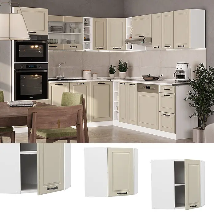 Eckhängeschrank R-Line 57 cm Sand Landhaus Art.-Nr. 71111 -  - Beige modulare Küchenschränke mit schwarzen Griffen in einer modernen Küche mit Einbaugeräten.