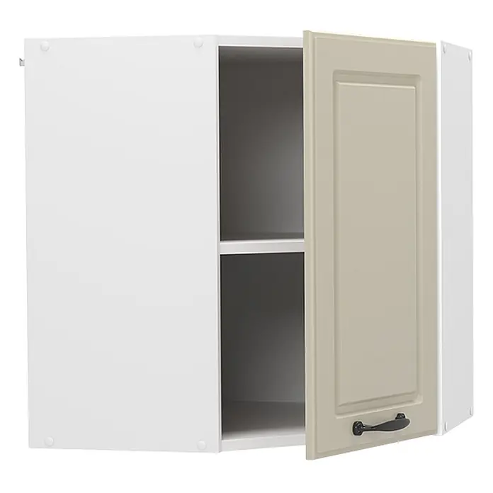 Eckhängeschrank R-Line 57 cm Sand Landhaus Art.-Nr. 71111 -  - Weißer Wandschrank mit offener beiger Tür, die zwei Regalböden und einen schwarzen Griff zeigt.