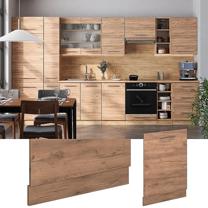 Geschirrspülblende Fame-Line 60 cm Goldkraft Eiche Art.-Nr. 54849 -  - Einbauküche mit Fronten in Holzoptik. Nahaufnahmen zeigen die detaillierte Holzstruktur einer Küchenschranktür.