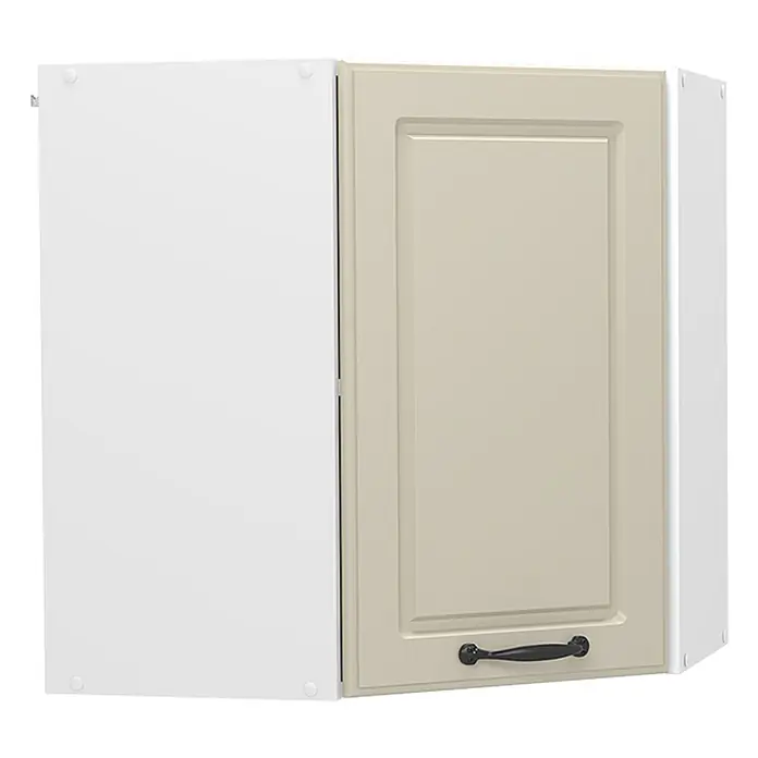 Eckhängeschrank R-Line 57 cm Sand Landhaus Art.-Nr. 71111 -  - Weißer Wandschrank mit einer beigen Tür, Kassettenfront und schwarzem Griff.