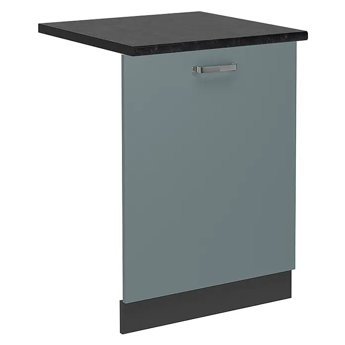 Geschirrspülblende R-Line 60 cm Blau-Grau Art.-Nr. 54994 -  - Küchenunterschrank mit dunkelgrauer Arbeitsplatte, graublauer Tür, silbernem Griff und schwarzem Sockel.