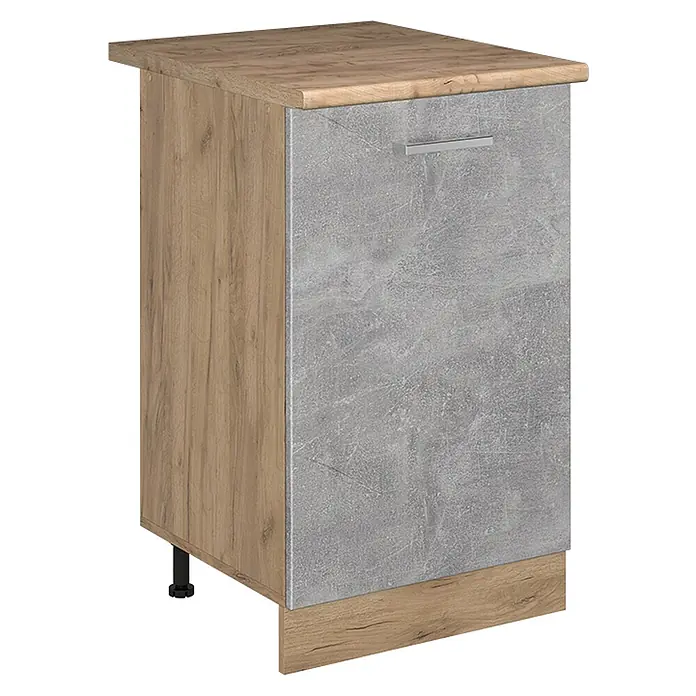 Küchenunterschrank R-Line 50 cm Beton Art.-Nr. 70316 -  - Küchenunterschrank mit heller Holzoptik-Platte/Seite und grauer Betonoptik-Front mit silbernem Griff.