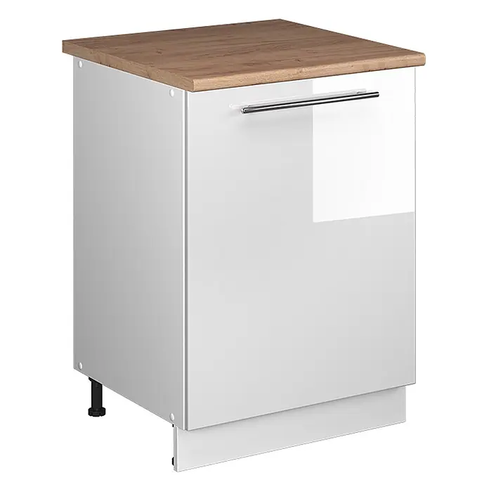 Küchenunterschrank Fame-Line 60 cm Weiß Hochglanz Art.-Nr. 65143 -  - Weißer Hochglanz-Küchenunterschrank mit heller Holz-Arbeitsplatte und Chromgriff, mit verstellbaren Füßen und Sockelleiste.