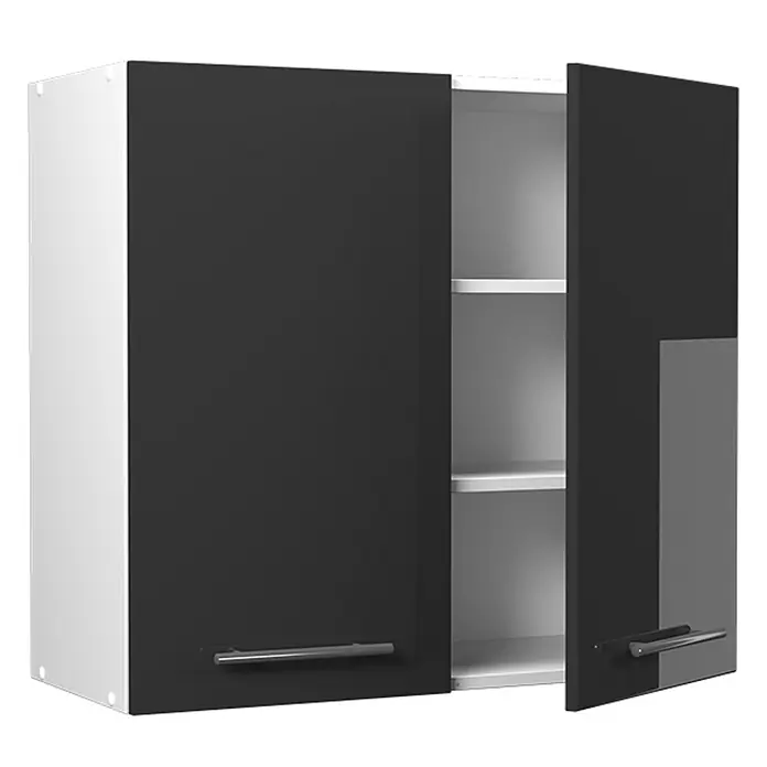 Hängeschrank Fame-Line 80 cm Anthrazit Hochglanz Art.-Nr. 62795 -  - Schwarz-weißer zweitüriger Hängeschrank mit Metallgriffen, eine Tür offenbart zwei Innenablagen.