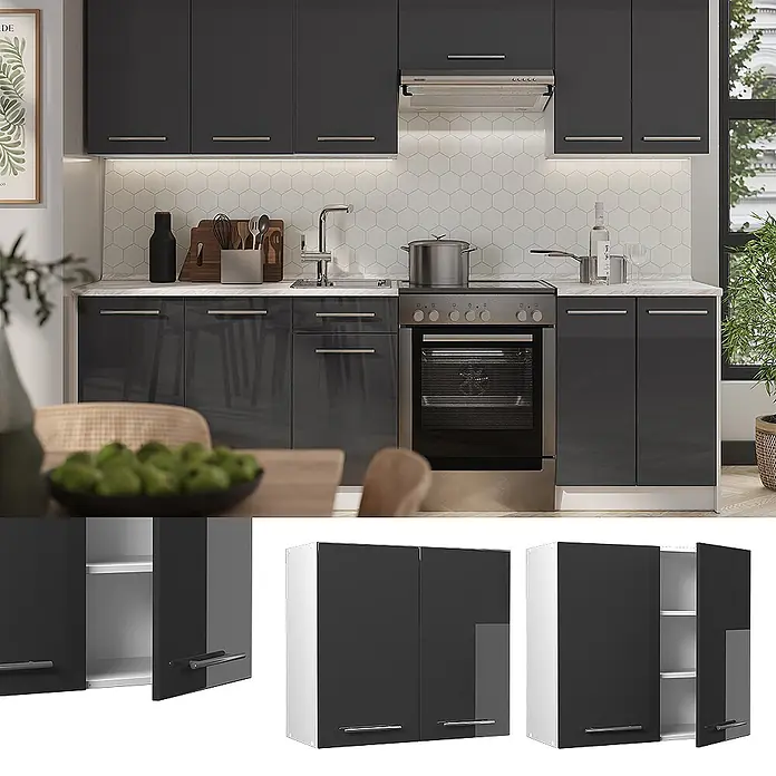 Hängeschrank Fame-Line 80 cm Anthrazit Hochglanz Art.-Nr. 62795 -  - Dunkelgraue Hochglanz-Küchenschränke, als Wand- und Unterschränke in moderner Küche installiert.