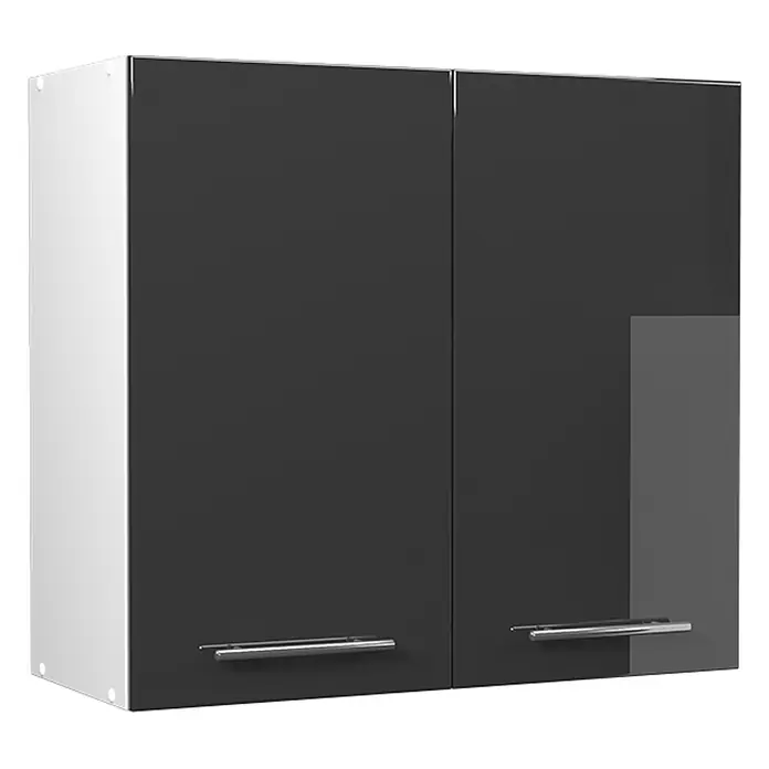 Hängeschrank Fame-Line 80 cm Anthrazit Hochglanz Art.-Nr. 62795 -  - Zweitüriger dunkelgrauer Wandschrank mit weißen Seiten und silbernen Griffen.