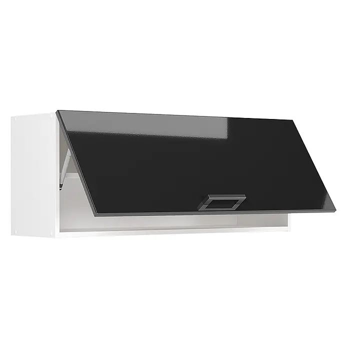 Hängeschrank R-Line 100 cm Anthrazit Hochglanz Art.-Nr. 63145 -  - Weißer Küchenhängeschrank mit einer schwarzen Hochglanz-Klapptür, leicht geöffnet.