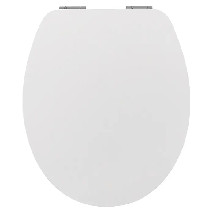 Poseidon Tapa de WC Kolorit - MDF, Blanco, Con caída amortiguada - La imagen muestra un asiento de inodoro blanco con bisagras plateadas. El producto es higiénico y fácil de limpiar.
