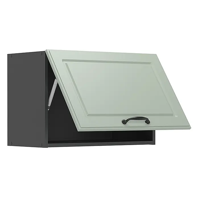 Hängeschrank R-Line 60 cm Mint Landhaus Art.-Nr. 71180 -  - Hellgrüner Küchenoberschrank mit dunkelgrauem Korpus, offene Tür zeigt Gasfeder und schwarzen Griff.