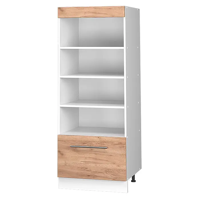 Vorratsschrank Fame-Line 60 cm Goldkraft Eiche Art.-Nr. 62219 -  - Hohes weißes Regal mit Holzoptik-Deckplatte, fünf offenen Fächern und einer Holzoptik-Schublade mit silbernem Griff.