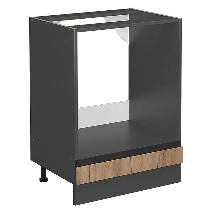 Küchenfront R-Line 59.6 cm Goldkraft Eiche Art.-Nr. 39495 -  - Dunkelgrauer Küchenunterschrank mit Holzdekor und offenem Fach für Einbaugeräte.