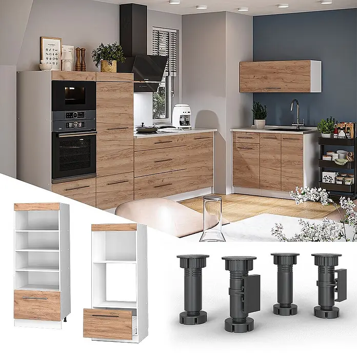 Vorratsschrank Fame-Line 60 cm Goldkraft Eiche Art.-Nr. 62219 -  - Eine moderne Modulküche mit hellen Holzfronten, integrierten Geräten und weißen Regaleinheiten. Ebenfalls abgebildet sind verstellbare dunkelgraue Schranksockelfüße.
