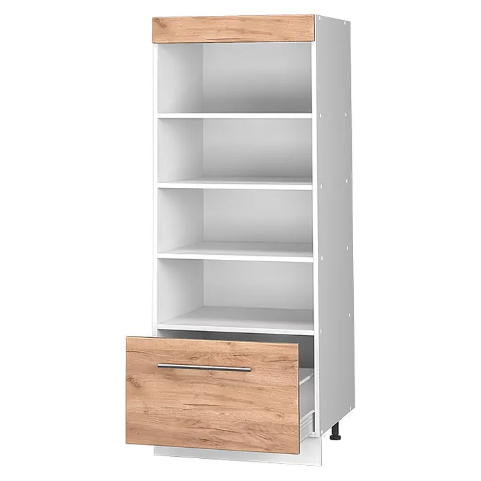 Vorratsschrank Fame-Line 60 cm Goldkraft Eiche Art.-Nr. 62219 -  - Hohes weißes Regal mit heller Holzmaserung oben und teilweise geöffneter Bodenschublade.