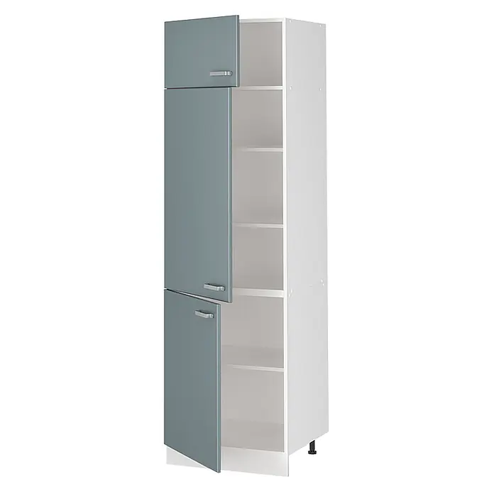Vorratsschrank R-Line 60 cm Blau-Grau Art.-Nr. 63183 -  - Hoher weißer Aufbewahrungsschrank mit drei teilweise geöffneten graublauen Türen und offenen Regalen.