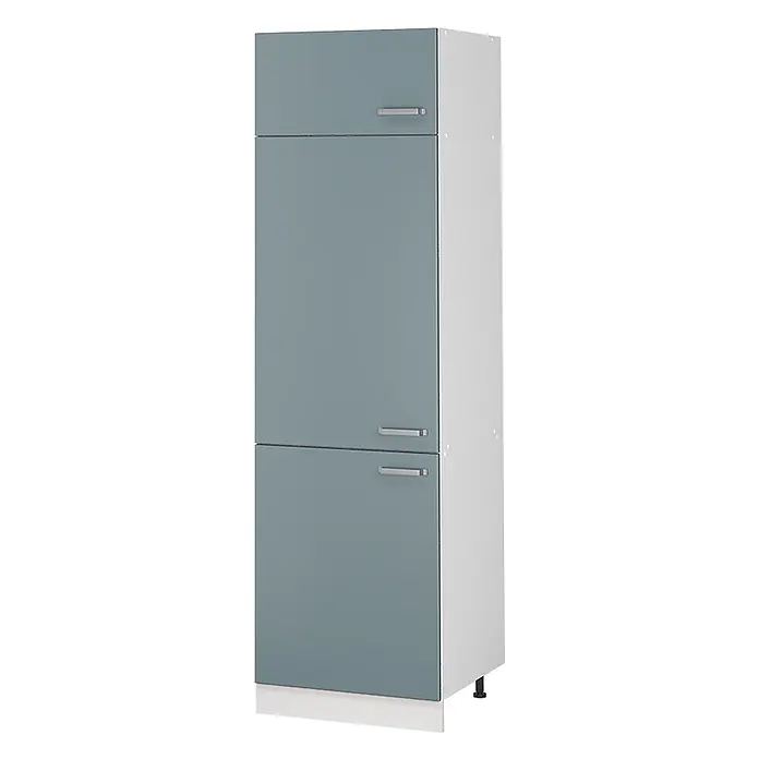 Vorratsschrank R-Line 60 cm Blau-Grau Art.-Nr. 63183 -  - Hoher Stauraumschrank mit drei hellblaugrauen Türen, silbernen Griffen, weißem Korpus und Sockelblende.