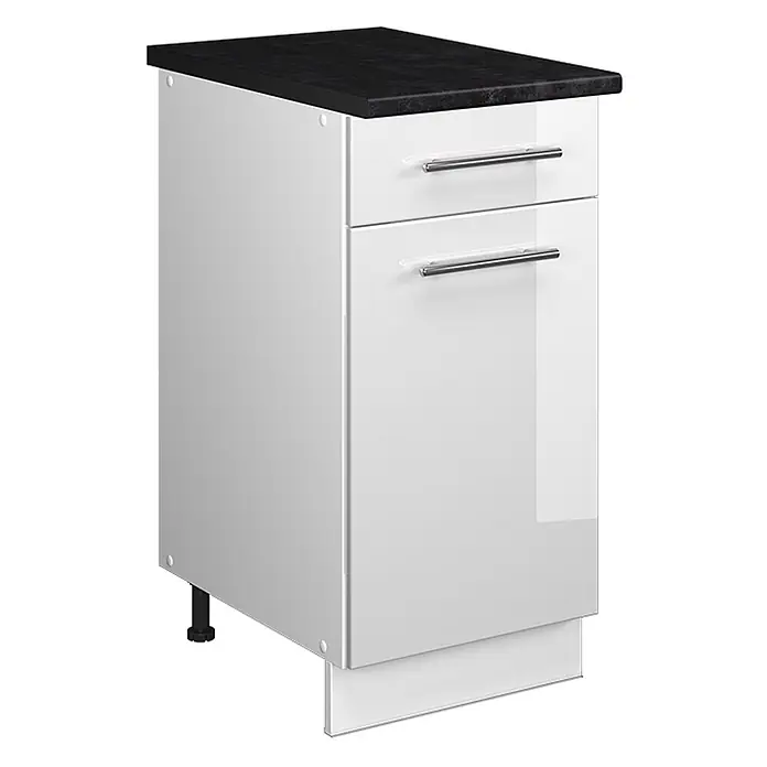 Küchenunterschrank Fame-Line 40 cm Weiß Hochglanz Art.-Nr. 60937 -  - Weißer Küchenunterschrank mit schwarzer Platte, zwei Schubladen und Chromgriffen.