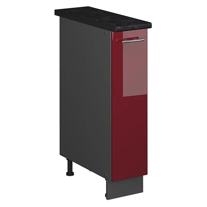 Apothekerschrank Fame-Line 20 cm Bordeaux Hochglanz Art.-Nr. 62105 -  - Schlanker Küchenunterschrank mit dunkelgrauer Platte und Korpus, sowie glänzend roter Auszugsfront mit silbernem Griff.