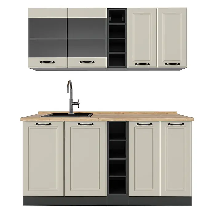 Singleküche R-Line 160 cm Sand Landhaus Art.-Nr. 71005 -  - Helles beiges Küchenschränke-Set mit dunkelgrauem Glas, offenen Regalen, Holzplatte und schwarzem Spülbecken mit Wasserhahn.