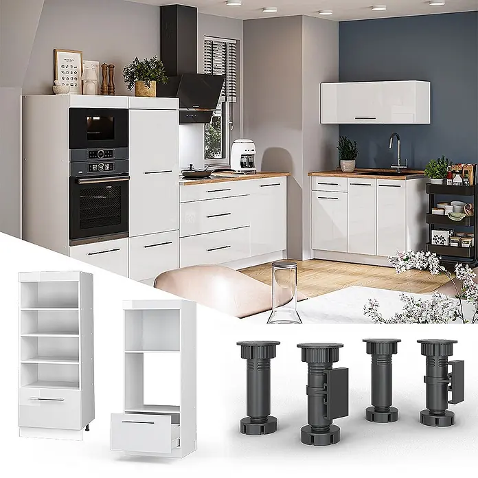 Vorratsschrank Fame-Line 60 cm Weiß Hochglanz Art.-Nr. 62221 -  - Eine moderne weiße modulare Küche mit integrierten Geräten, zusammen mit einzelnen Schranksäulen und verstellbaren schwarzen Füßen für die Montage.