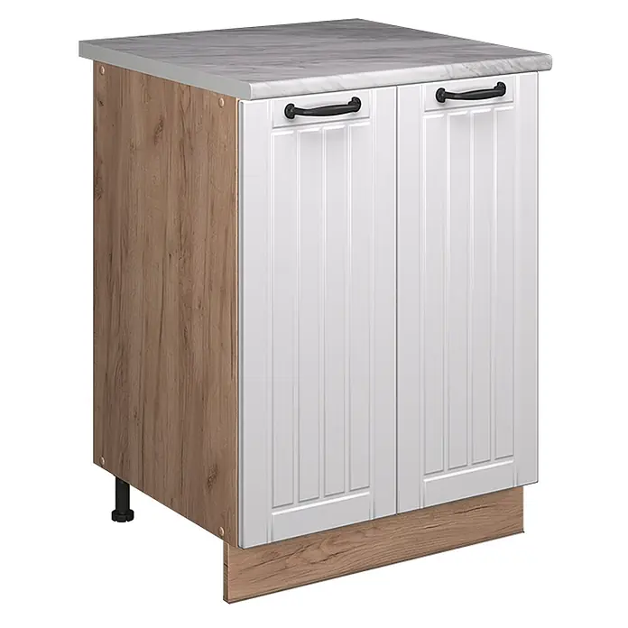 Spülenunterschrank Fame-Line 60 cm Weiß Landhaus Art.-Nr. 65252 -  - Weißer Küchenunterschrank mit Holzmaserung an den Seiten, Arbeitsplatte in Marmoroptik und schwarzen Griffen.