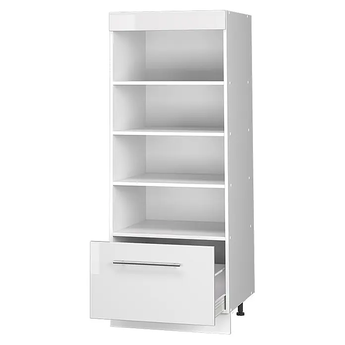 Vorratsschrank Fame-Line 60 cm Weiß Hochglanz Art.-Nr. 62221 -  - Weißer Lagerschrank mit mehreren offenen Regalen und einer unteren Auszugsschublade.