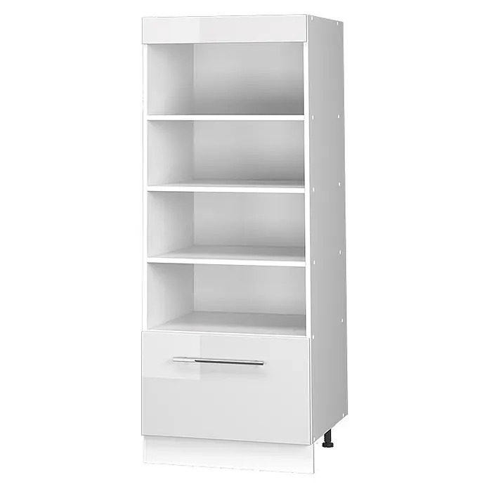 Vorratsschrank Fame-Line 60 cm Weiß Hochglanz Art.-Nr. 62221 -  - Weißer Hochglanz-Hochschrank mit offenen Regalfächern und einer unteren Schublade, mit elegantem Silbergriff.