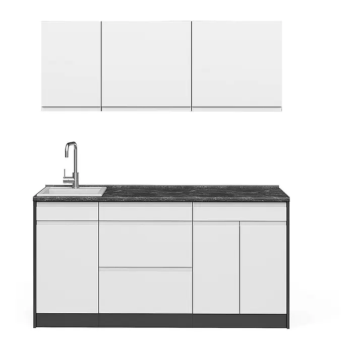 Singleküche R-Line 160 cm Weiß Art.-Nr. 70559 -  - Moderne weiße Küchenzeile mit dunkler Arbeitsplatte, weißem Spülbecken und Chromarmatur.