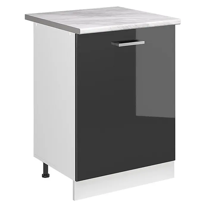 Küchenunterschrank R-Line 60 cm Anthrazit Hochglanz Art.-Nr. 72085 -  - Grauer Küchenunterschrank mit Hochglanztür, weißer Marmoroptik-Arbeitsplatte und Chromgriff.