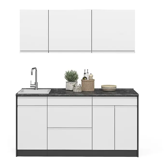 Singleküche R-Line 160 cm Weiß Art.-Nr. 70559 -  - Weiße Küchenschränke mit dunkler Arbeitsplatte, integrierter Spüle und Chromarmatur. Oberschränke ebenfalls weiß.
