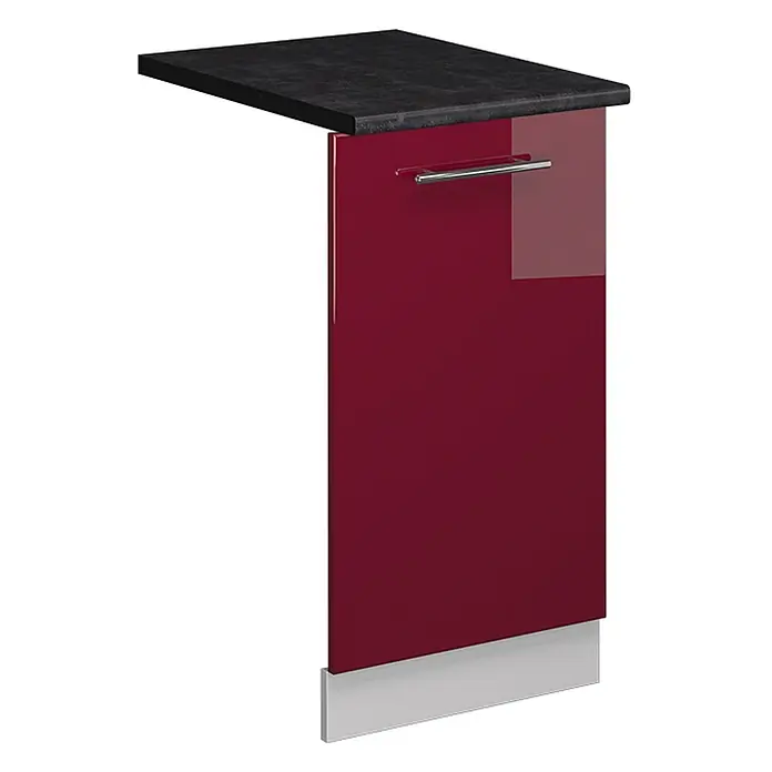 Geschirrspülblende Fame-Line 45 cm Bordeaux Hochglanz Art.-Nr. 54607 -  - Glänzende, dunkelrote Schranktür mit dunkler strukturierter Arbeitsplatte, Metallgriff und silberner Sockelleiste.