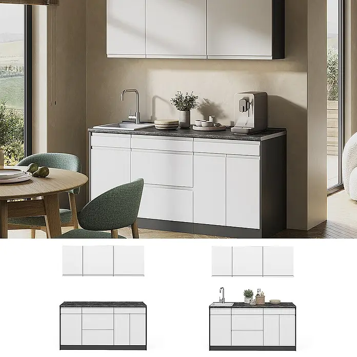 Singleküche R-Line 160 cm Weiß Art.-Nr. 70559 -  - Moderne Küche mit weißen Wand- und Unterschränken, dunkler Arbeitsplatte mit Spüle. Sauberes, minimalistisches Design für einen funktionalen Raum.
