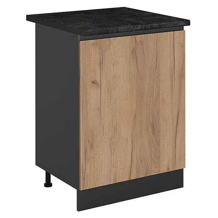 Küchenunterschrank R-Line 60 cm Goldkraft Eiche Art.-Nr. 72039 -  - Dunkelgrauer Küchenunterschrank mit schwarzer strukturierter Arbeitsplatte, hellbrauner Holzoptik-Tür und schwarzem Sockel mit verstellbaren Füßen.