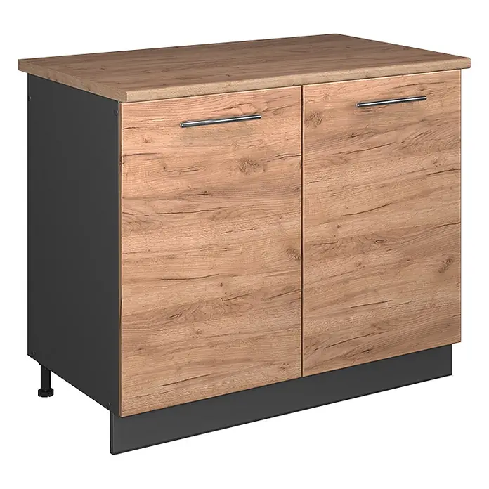 Spülenunterschrank Fame-Line 100 cm Goldkraft Eiche Art.-Nr. 61936 -  - Zweitüriger Unterschrank in Holzoptik mit dunkelgrauen Seiten und Sockel, Chromgriffen und passender Arbeitsplatte.