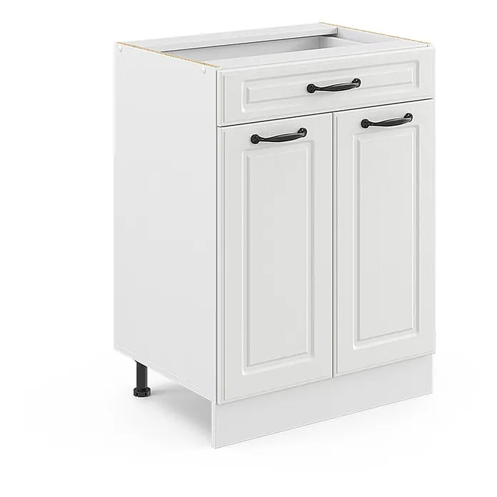 Küchenfront R-Line 59.6 cm Weiß Landhaus Art.-Nr. 36336 -  - Weißer Küchenunterschrank mit Schublade, zwei Türen und schwarzen Griffen. Mit verstellbaren Füßen und Sockelblende.