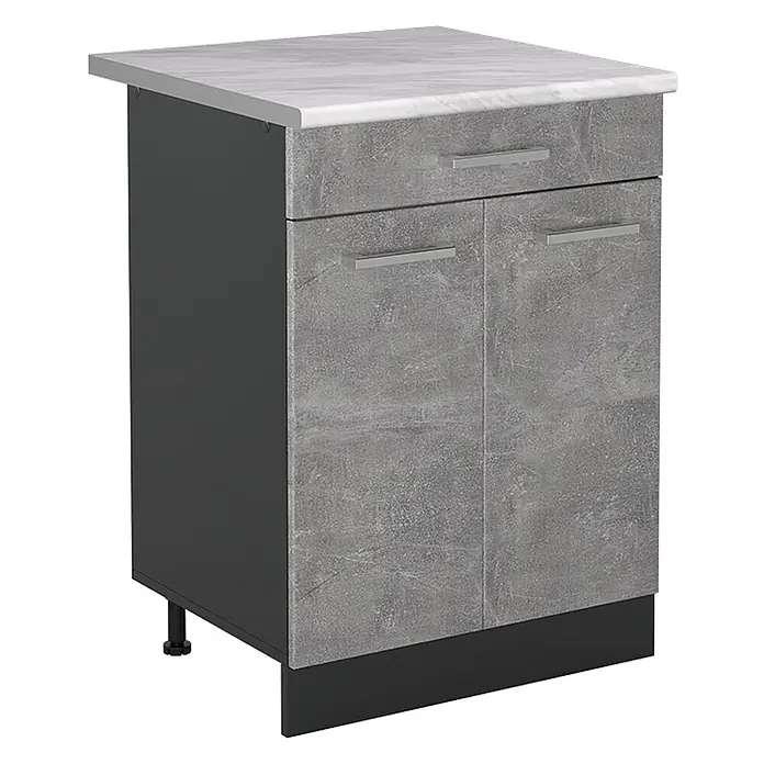 Küchenunterschrank R-Line 60 cm Beton Art.-Nr. 61088 -  - Kleiner Küchenunterschrank mit Marmor-Arbeitsplatte und Beton-Optik-Fronten, dunklen Seiten.