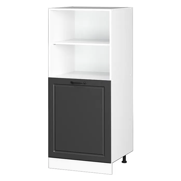 Küchenfront R-Line 59.6 cm Anthrazit Landhaus Art.-Nr. 37516 -  - Weißer Hochschrank mit offenen Regalen und einer dunkelgrauen Tür mit Griff, auf Stellfüßen und Sockel.