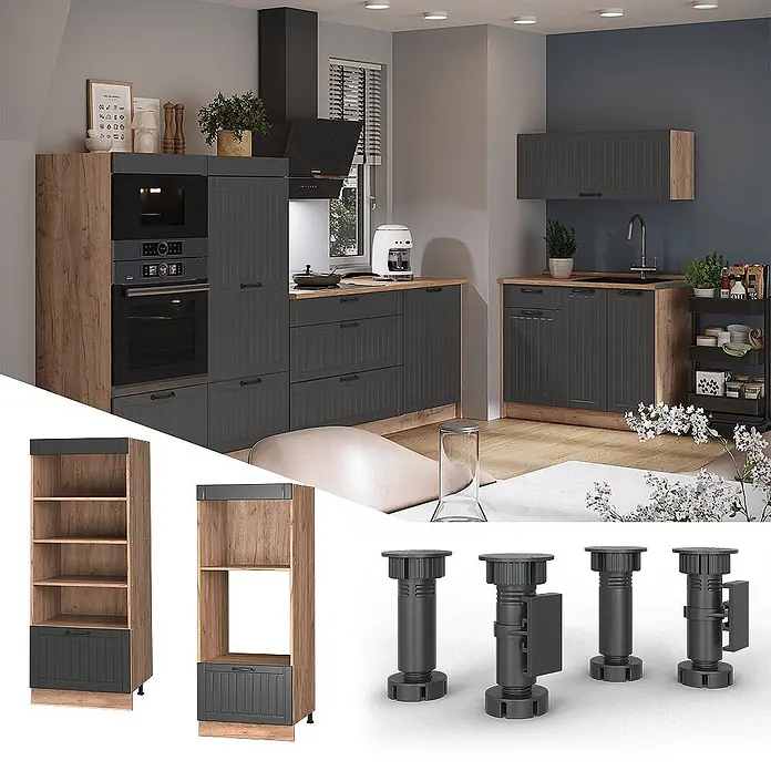 Vorratsschrank Fame-Line 60 cm Dunkelgrau Art.-Nr. 62234 -  - Modernes Küchensystem mit anthrazitfarbenen Lamellenfronten und hellen Eichenelementen, zeigt verschiedene Schränke, Geräteumbauten und verstellbare Füße.