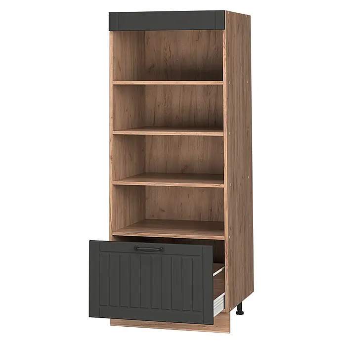 Vorratsschrank Fame-Line 60 cm Dunkelgrau Art.-Nr. 62234 -  - Regal in heller Holzoptik mit dunkelgrauer Oberseite und teilweise geöffneter dunkelgrauer Schublade.