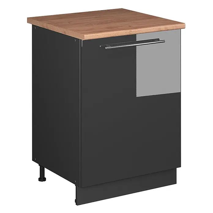 Küchenunterschrank Fame-Line 60 cm Anthrazit Hochglanz Art.-Nr. 65151 -  - Dunkelgrauer Hochglanz-Küchenunterschrank mit heller Holzoptik-Arbeitsplatte, silbernem Griff und verstellbaren Füßen.